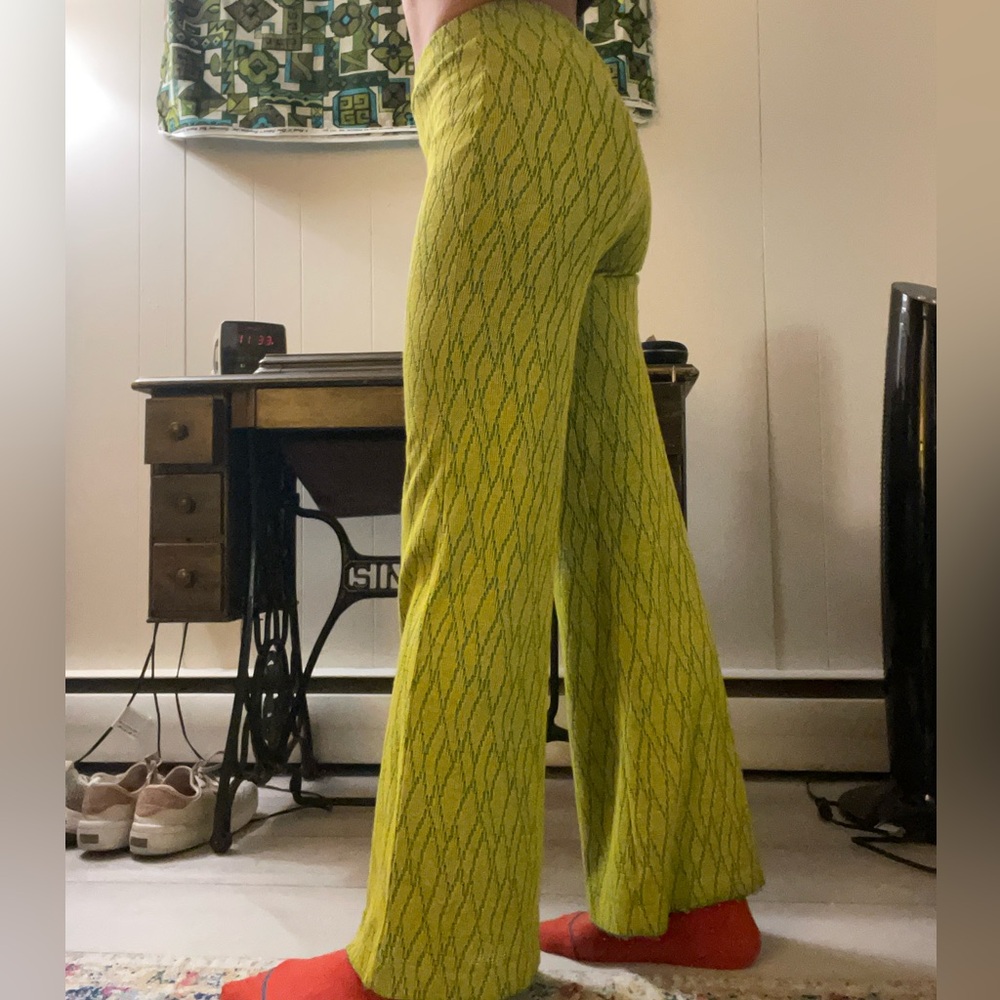 Zara Wide Leg Jacquard Yellow Green Knit Pants
